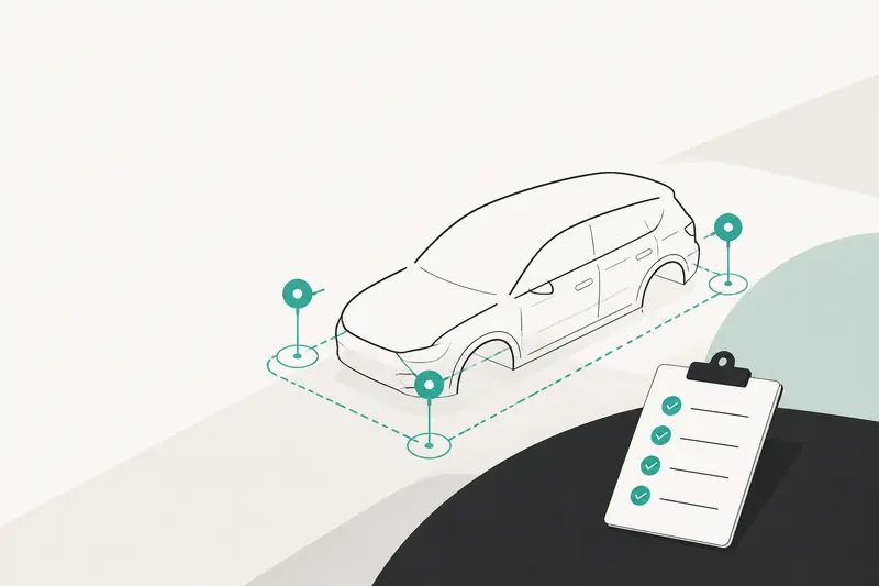 A car outline with its four inspection corners marked, an illustration for the article "The Best Car Rental Software for Turo Hosts (2026)"
