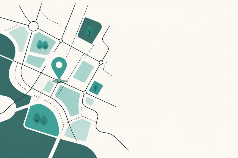 A city route map with one pickup point marked, an illustration for the article "Car Rental Software Compared: Rentovation vs 1Now vs Fleetwire"