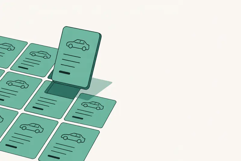 A grid of daily rate tiles with one tile lifted out, an illustration for the article "How Much Does Turo Take? 10% to 30% of Every Trip (2026)"