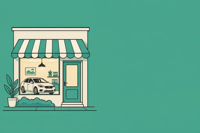 A small independent rental storefront with an awning, an illustration for the article "Getaround vs Turo vs Going Direct: 2026 Comparison for Hosts"