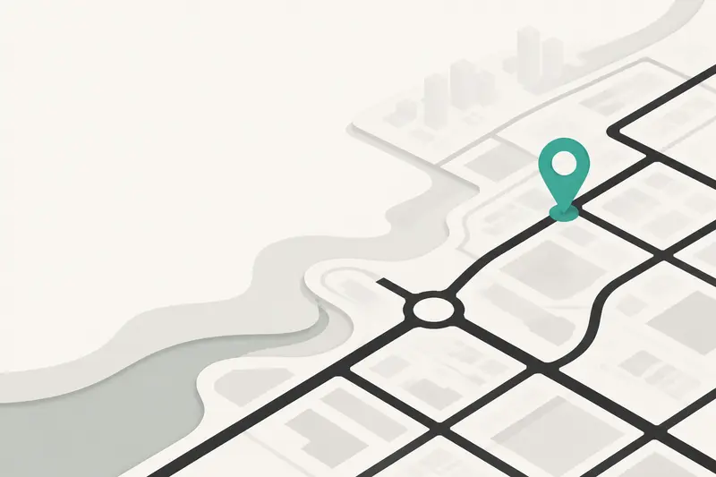 A city route map with one pickup point marked, an illustration for the article "Car Rental Business Tools: The Full Stack Checklist (2026)"