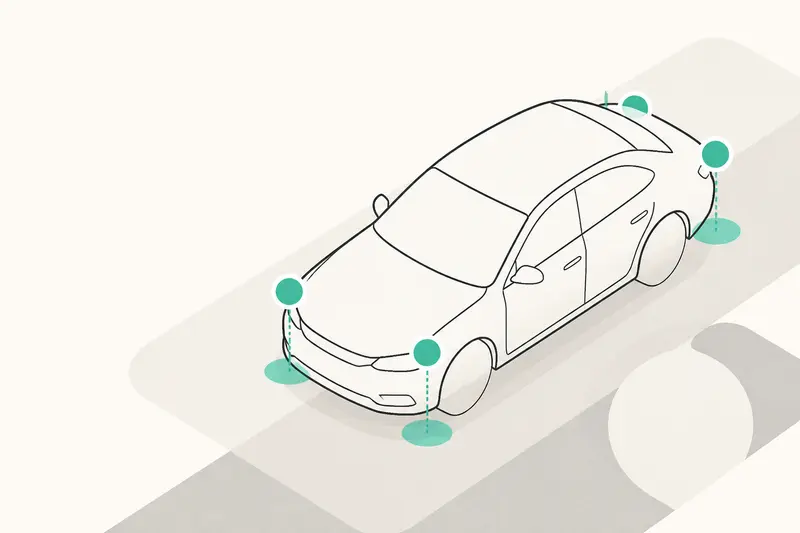 A car outline with its four inspection corners marked, an illustration for the article "How to Verify Renters Before the Keys Move"