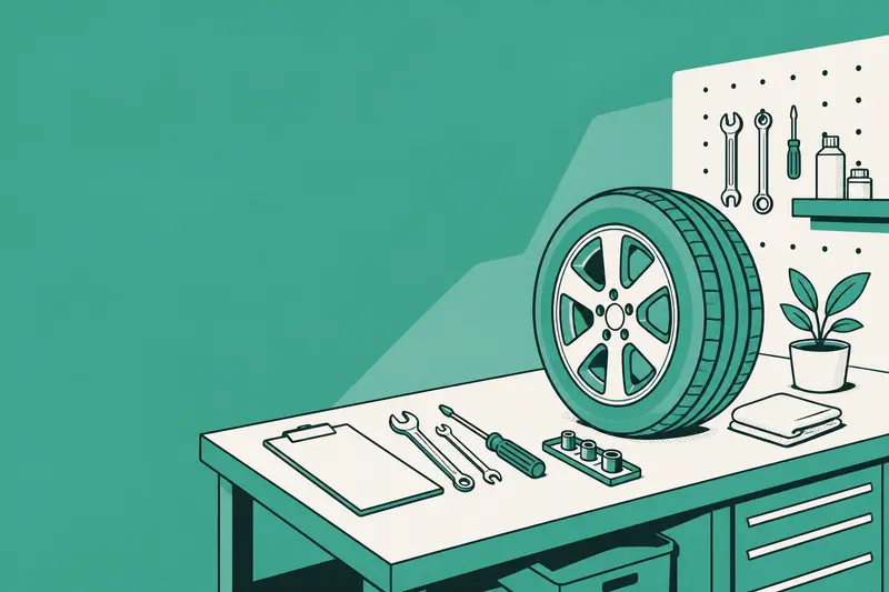 A maintenance bench with tools and a tire, an illustration for the article "Set Up a Car Rental Website in Under 15 Minutes"