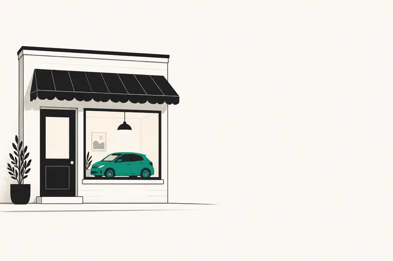 A small independent rental storefront with an awning, an illustration for the article "What Is Peer-to-Peer Car Rental, and Where It Breaks"